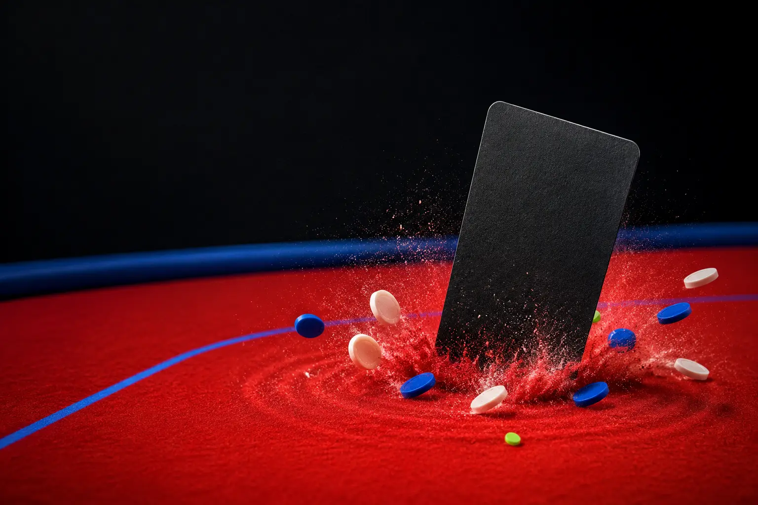 A matte black card slab landing on red felt as blue and ivory game markers rise